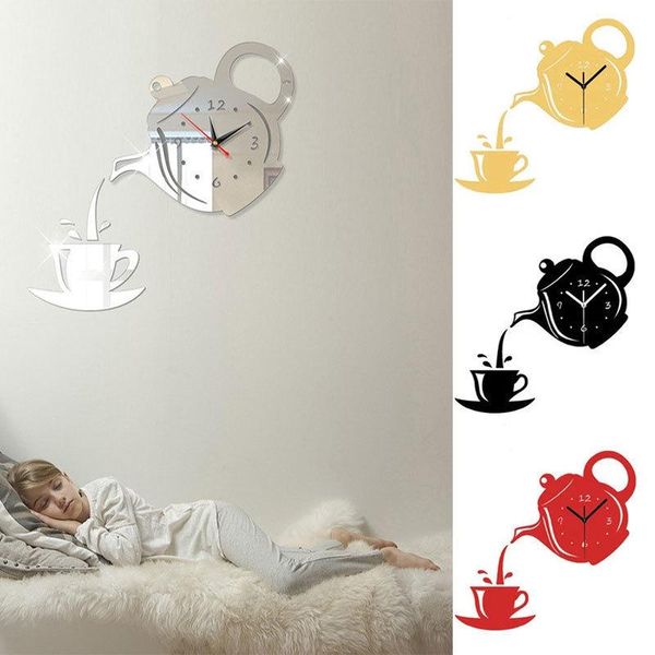

wall stickers creative european acrylic teapot mirror clock home diy 3d three-dimensional decoration digital sticker