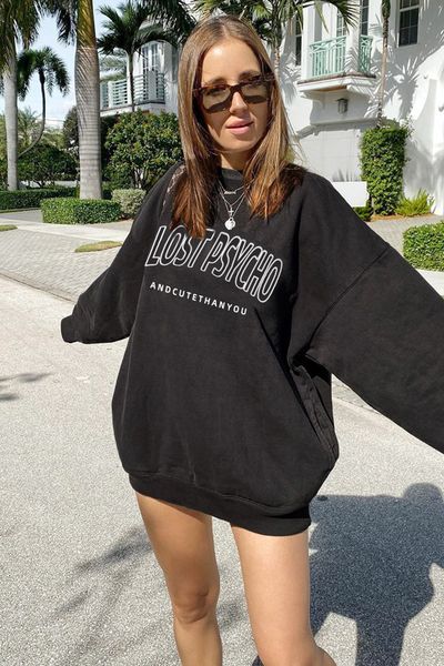 

2021 new women's sweatshirt [lost psycho] letter printed sweater fashion street trend round neck pullover loose casual women's top, Black