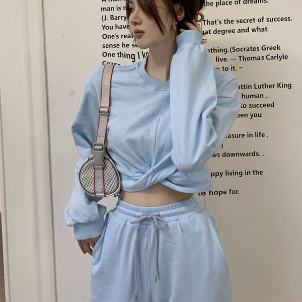 

ulzzang solid tracksuit women sports 2 pieces set sweatshirts pullover cropped hoodies suit home sweatpants shorts outfits ndxs, Blue