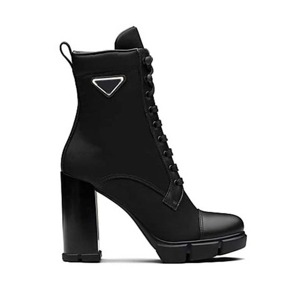 

2022 luxury designer fashion ankle boots leather and nylon fabric booties women monolith biker australia winter platform high heels with box, Black