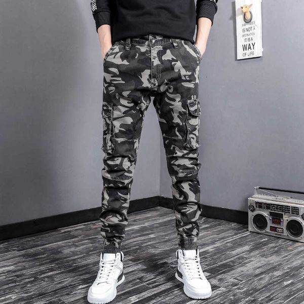

men's pants korean style fashion joggers big pocket casual cargo military camo ankle banded trousers streetwear hip hop uq3h, Black