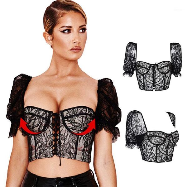 

women lace corset overbust push up one shoulder bustier strap mesh backless shapewear slimming breathable bodice blouse bustiers &, Black;white