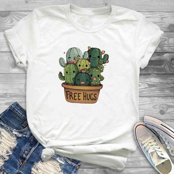 

fashion hug plants women cactus print graphic streetwear camisas tee tees shirts, White
