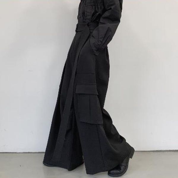 

men's pants men japan loose casual wide leg cargo male street wear hip hop punk gothic harem belt trousers kimono straight skirt, Black
