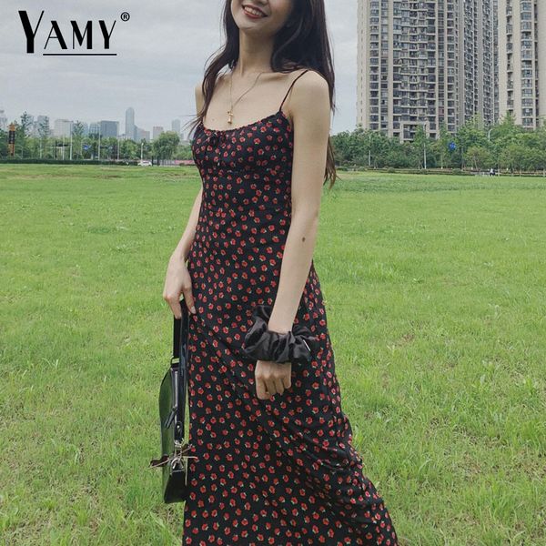 

vintage strawberry black elegant spaghetti strap dress beach 2020 summer dress midi dress camis sundress retro vesitdos y0118, Black;gray
