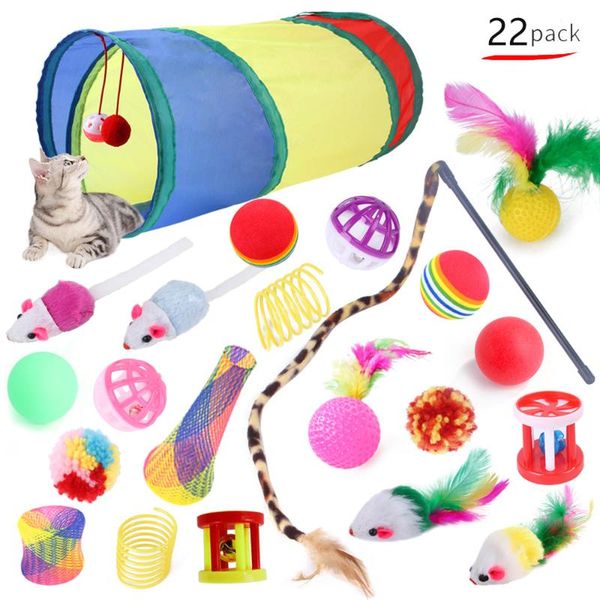 

cat toys 22pcs toy kits collapsible tunnel indoor kitten interactive teaser wand mice ball pets fun channel crinkle supplies