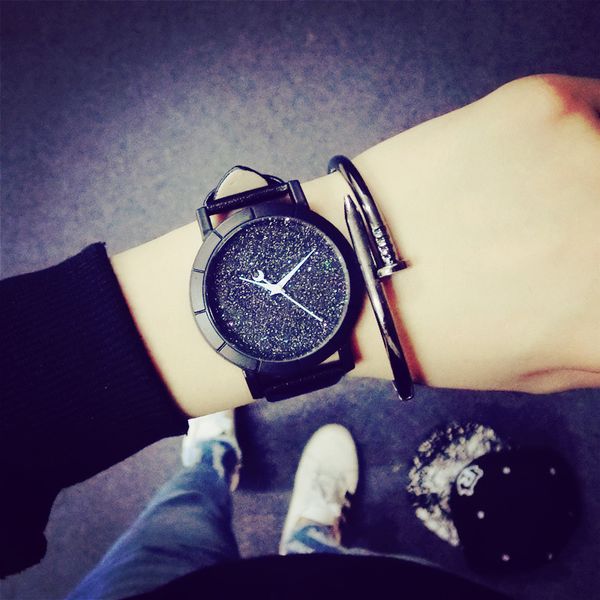 

new fashion simple crescent point desgin dream starry sky watch women dress leather watch ladies quartz watch female clock, Slivery;brown