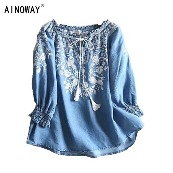 

vintage chic women floral embroidery beach bohemian denim blouse shirt long sleeve v-neck tassel loose boho jeans shirts t200321, White