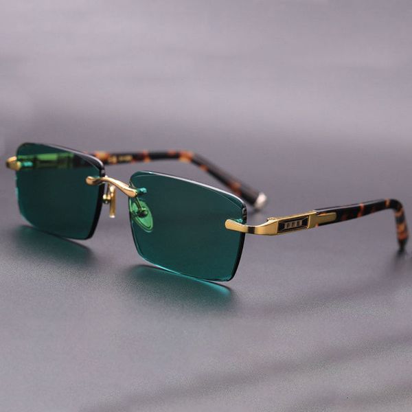 

2021 new green glass sunglasses male rimless sun glasses for men crystal natural lens stone anti scratch oversized frame pcrd, White;black