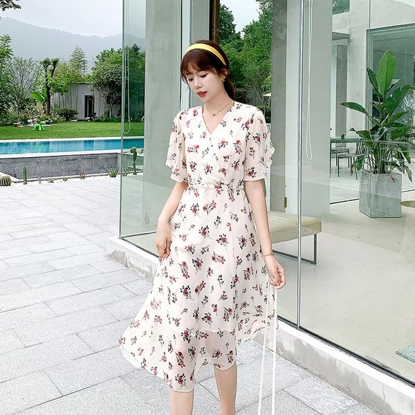 

casual dresses coigarsam chiffon women dress summer floral print flare sleeve high waist rice white 9103, Black;gray