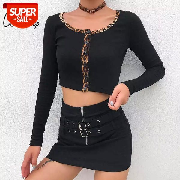

Weekeep Leopard Patchwork Single Breasted t shirt Women Cropped Black Sexy Tee Shirt Femme O-neck High Street tshirt #oW6G, White
