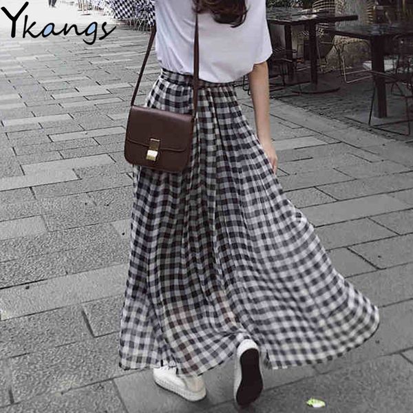 

2021 women chiffon a-line black white plaid skirt summer high waist long pleated maxi skirts femme school girls clothes streetwear ynnx