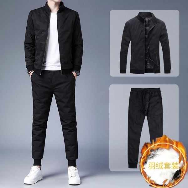 

men's sweater pants set men's fall / winter 2021 new down jacket casual two piece set korean zipper coat for men, Gray