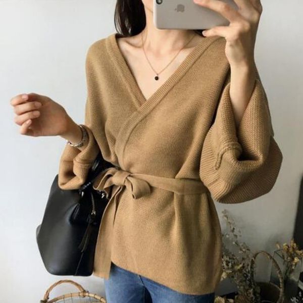 

2021 new korean women with tie belt open front cozy knitted cardigan ladies knitwear autumn winter cardigans sweater pull femme mxhw, White;black