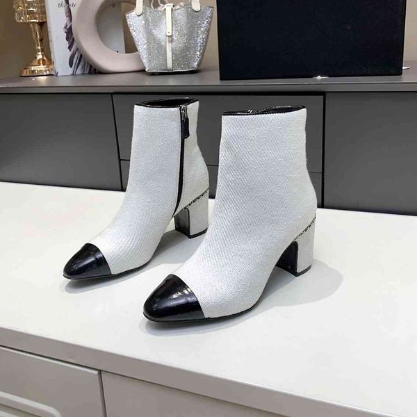 

autumn winter ankle women boots cowhide cloth patchwork chain thick heels martin boot shoes lady fashion footwear with box, Black