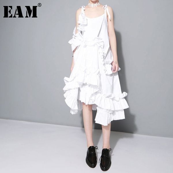 

[eam] 2021 new spring irregular multilayer ruffles solid color loose fashion white dress women trendy tide j211 210316, Black;gray