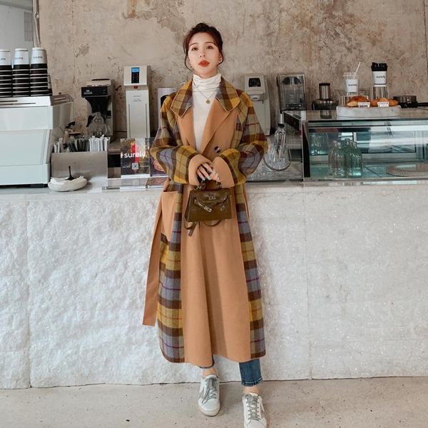 

women's wool & blends 2021 winter plaid double-sided cashmere coat women splice loose double breasted fashion lapel long woolen overcoa, Black