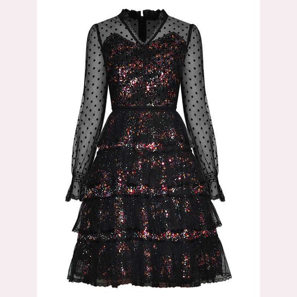 

high street est spring designer dress women's sequined cascading ruffle gauze 210526, Black;gray