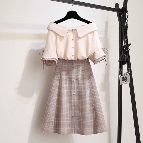 

2021 new summer casual female fashion sleeve short suit breasted shirts + ankle length swing chess skirts 2 piece define h10 g345, Black;gray