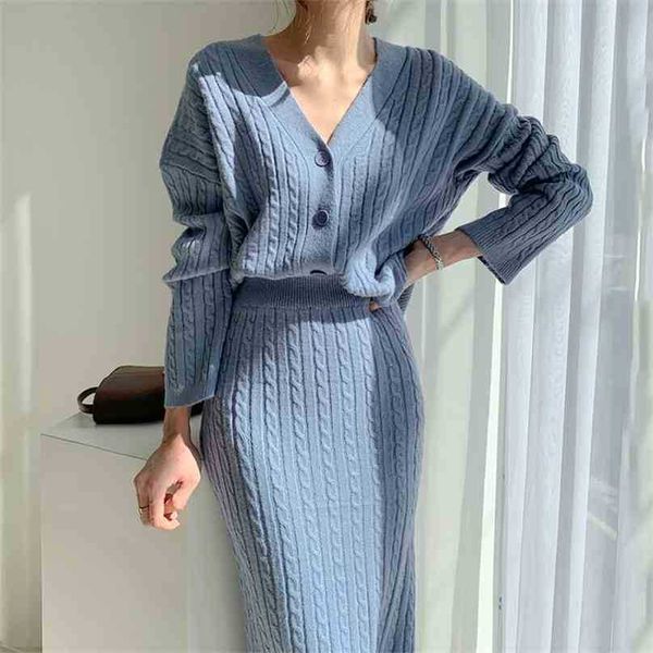 

women elegant sweater two piece sets spring autumn v neck single-breasted cardigan and wrap skirt outfits woman 2 pcs set 210525, White