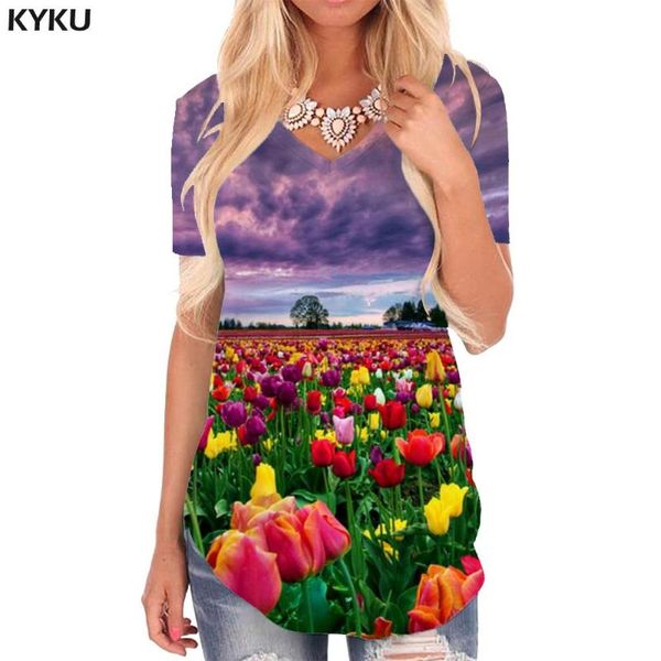 

women's t-shirt kyku flowers t shirt women cloud funny shirts colorful v-neck tshirt romantic print womens clothing punk rock loose, White