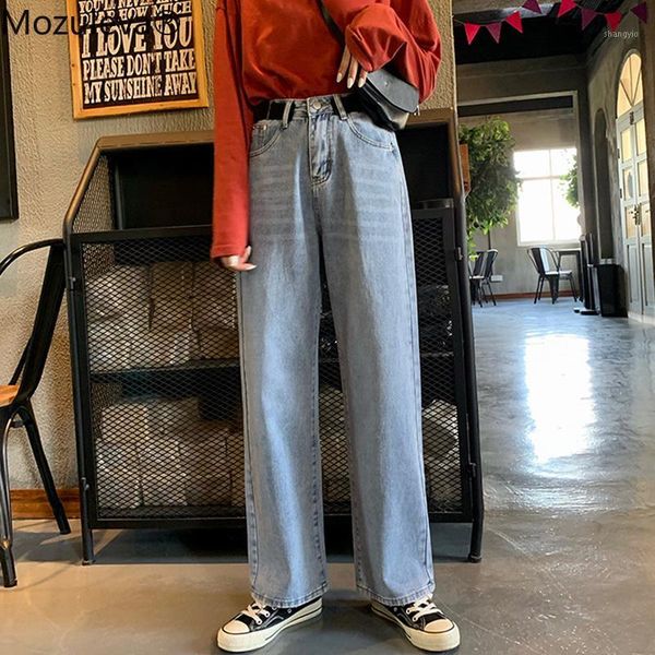 

mozuleva 2019 women pants leisure oversized high waist straight wide leg jeans all-match belted long trousers women denim jeans1, Blue