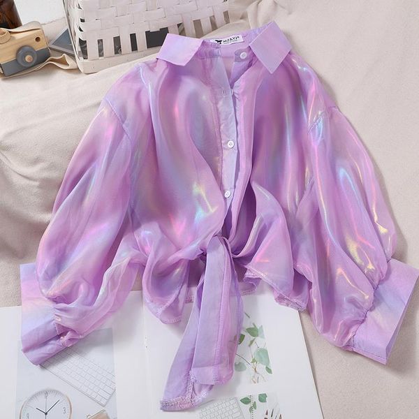 

womens blouses buttoned up shirt shirts women half sleeve shinning sparkles tied waist for autumn, White