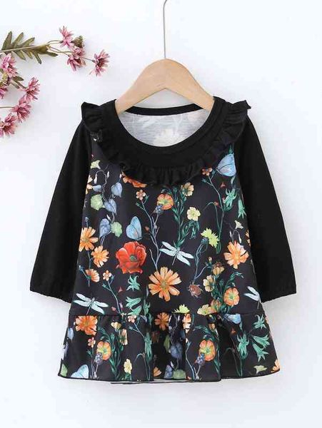 

baby floral print ruffle trim smock dress she, Red;yellow