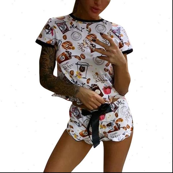 

summer fashion two pieces set casual printed ruffles short sleeve and drawstring shorts women cute home tracksuit sj6097m, Gray
