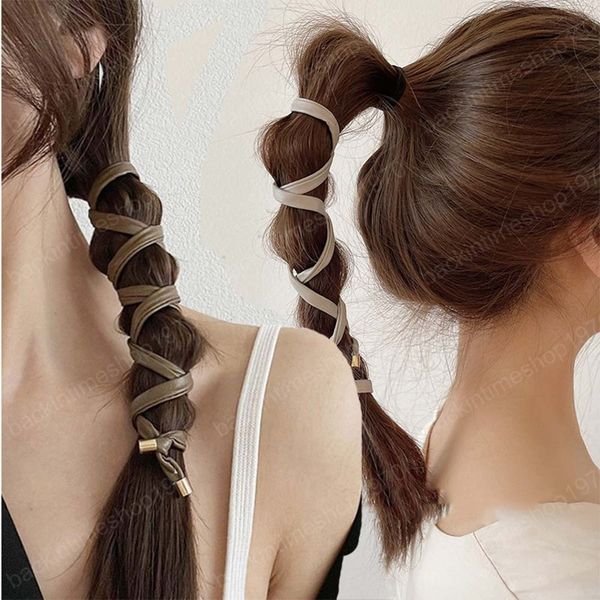 

leather long hair tie ropes ponytail hold hairband for women fashion rubber bands scrunchies new hair accessories, Slivery;white
