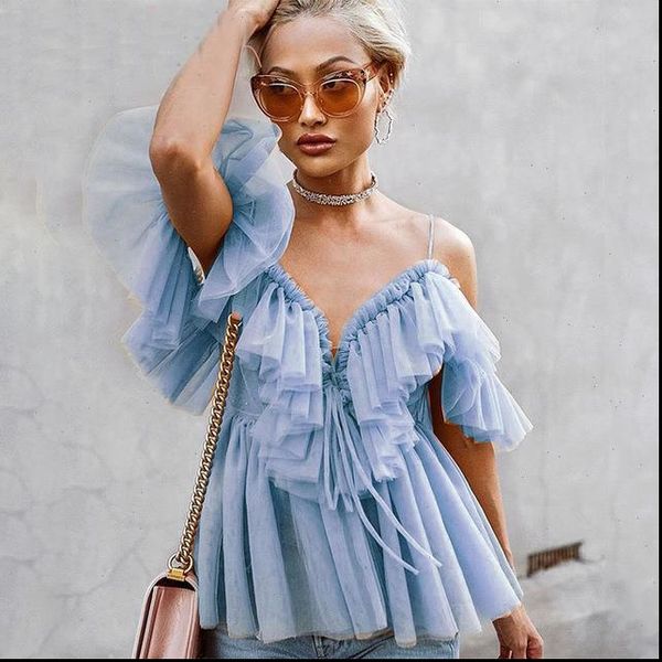 

elegant ruffle strap mesh summer blouse shirt women v neck off shoulder holiday blouse streetwear peplum, White