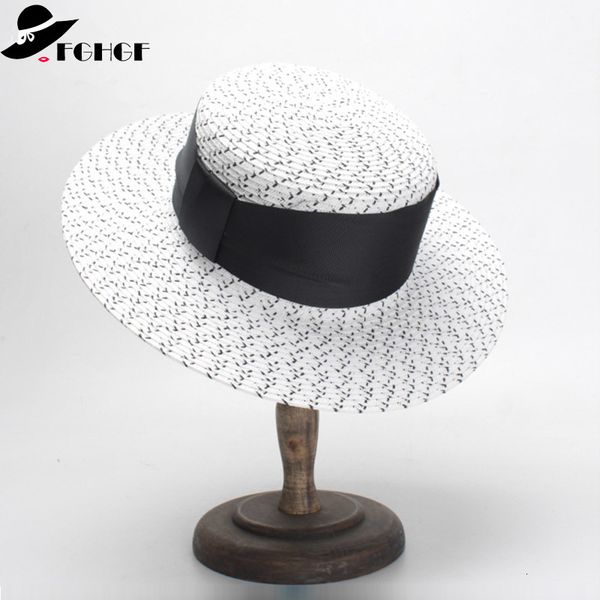 

2021 new classical women sun ribbon bow paper straw white black wide brim kentucky derby summer boater hat beach cap gg5x, Blue;gray