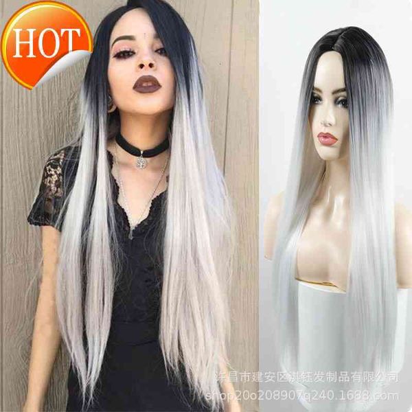 

wig gradient black silver medium split long straight hair women's high temperature silk chemical fiber head cover
