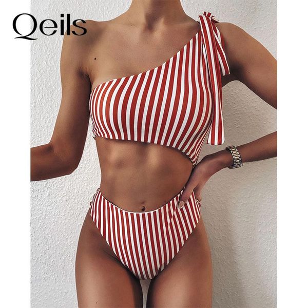 

qeils cut out one piece swimsuits one shoulder swimwear women striped bathing suit women high cut monokini 2021 bow swim wear