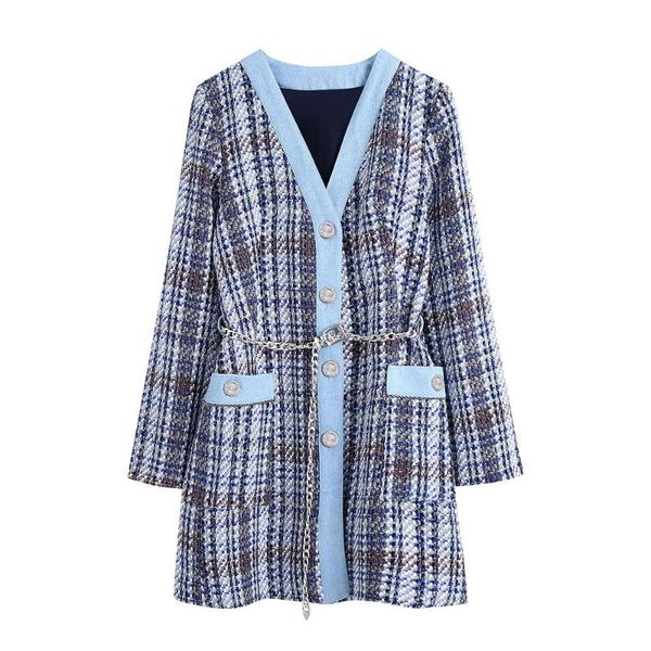 

women's jackets sweater autumn 2021 korean temperament v-neck side waist long-sleeved cardigan plaid color matching dress, Black;brown