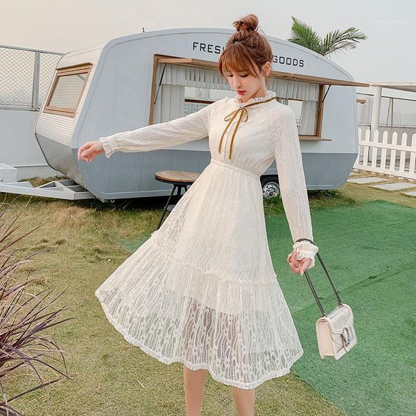 

sweet lace dress women autumn winter long sleeves bows stand collars party ladies elegant casual midi robe dresses, Black;gray