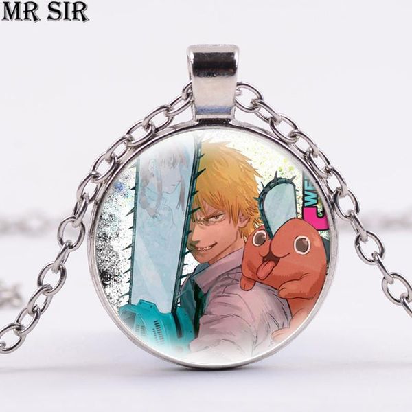 

chains chainsaw man pochita anime necklace cosplay cartoon figure glass cabochon pendant women link chain choker necklaces jewelry gift, Silver