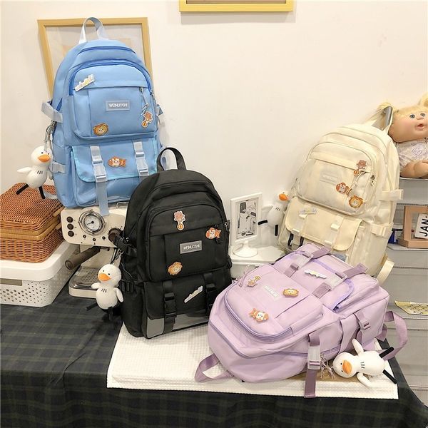 

fashion women backpack harajuku trend nylon solid color school bag for girls large with many pockets