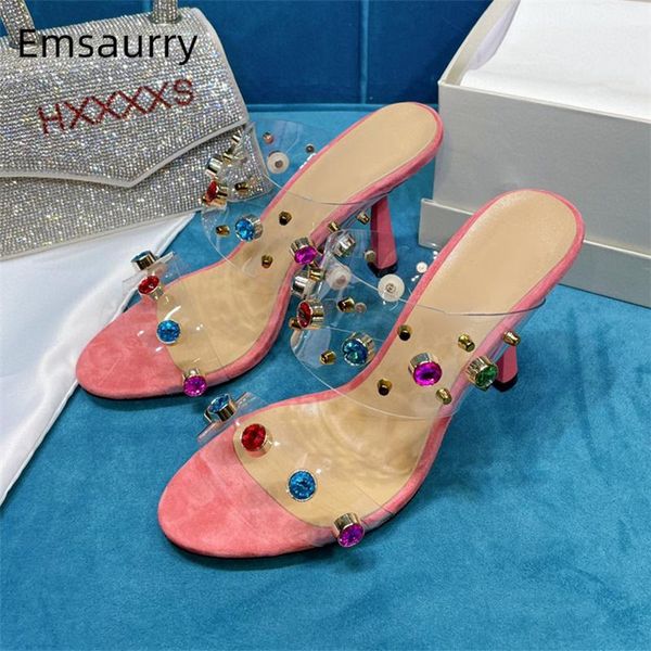 

sandals colorful rivet rhinestone summer women kitten heel pvc transparent slingbacks runway mules for girls lady, Black