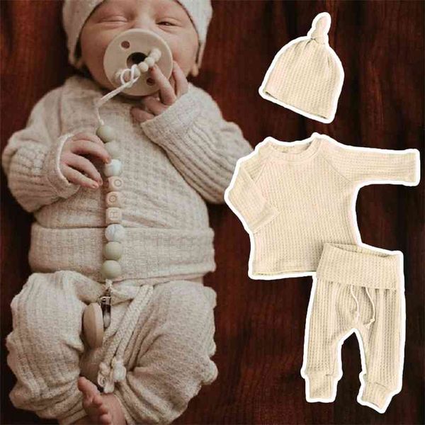 

autumn winter waffle baby outfit neutral girls boys long sleeve clothes pant beanies soft home ropa bebe 3pcs/set 210831, White
