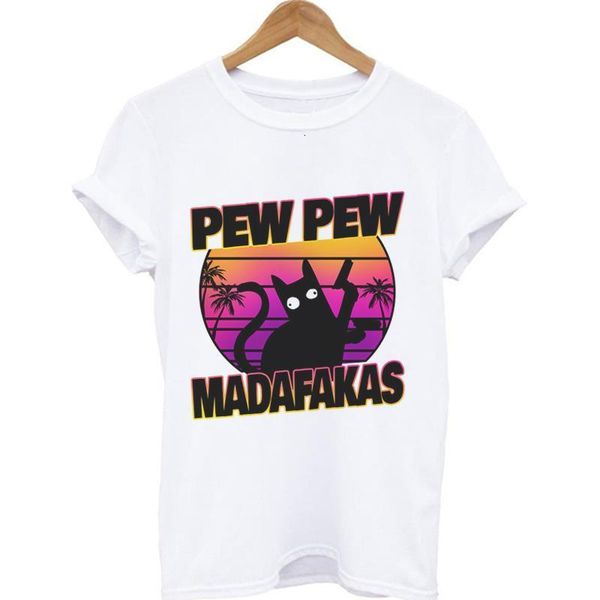 

pew pew madafakas print women's t shirt murderous black cat with gun funny t shirt casual halloween short sleeve tee tshirt, White