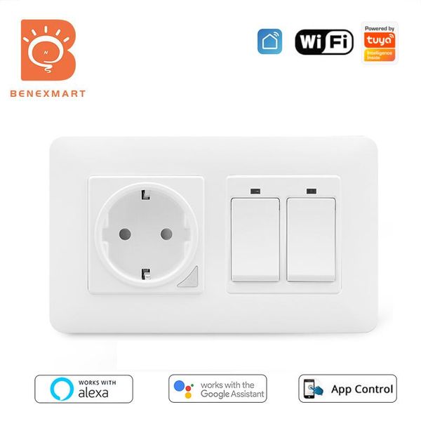

smart home control benexmart wifi eu socket with wall light switch alexa google voice tuya app diy outlet push button switches