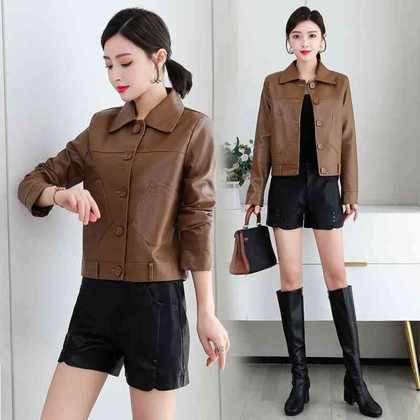 

leather women's autumn short coat 2021 new korean loose and versatile clip, Black