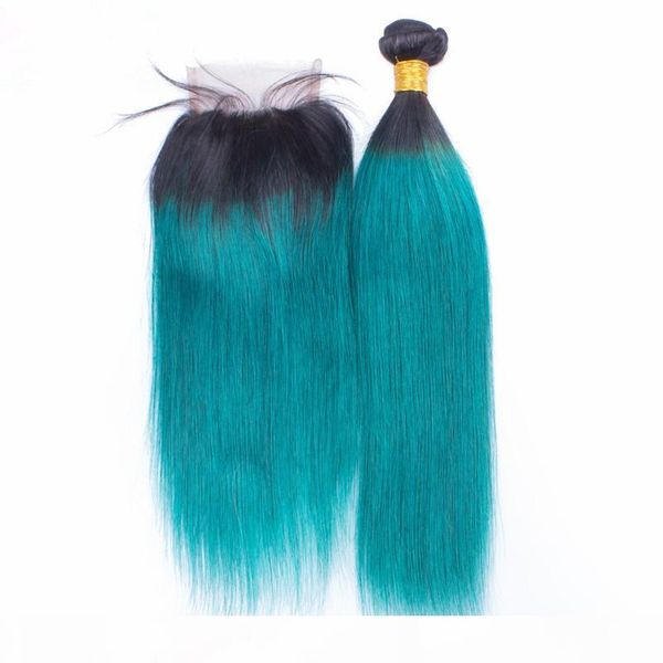 

1b green indian virgin ombre straight human hair with 4x4 lace closure 4pcs lot two tone 3bundles indian ombre hair weaves with closure, Black