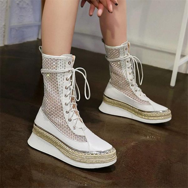 

boots pxelena 2021 spring rome gladiator genuine leather mesh ankle crystal studded breathable thick platform creepers shoes, Black