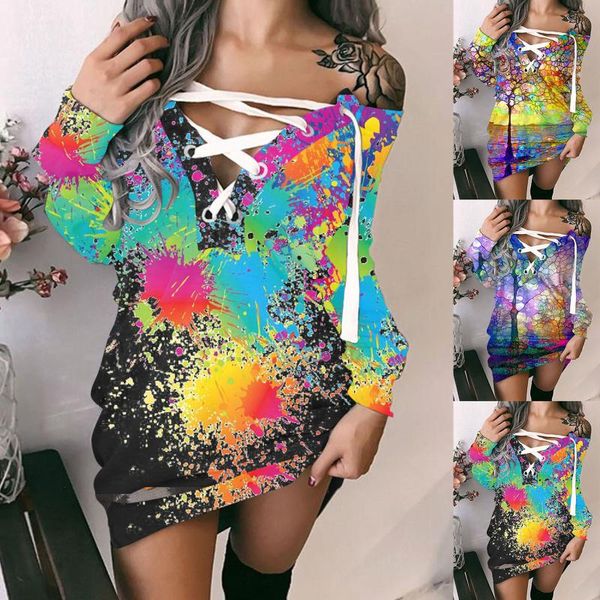 

casual dresses women dress 2021 autumn winter long sleeve strappy fashion graffiti print off-shoulder mini sweater plus size, Black;gray