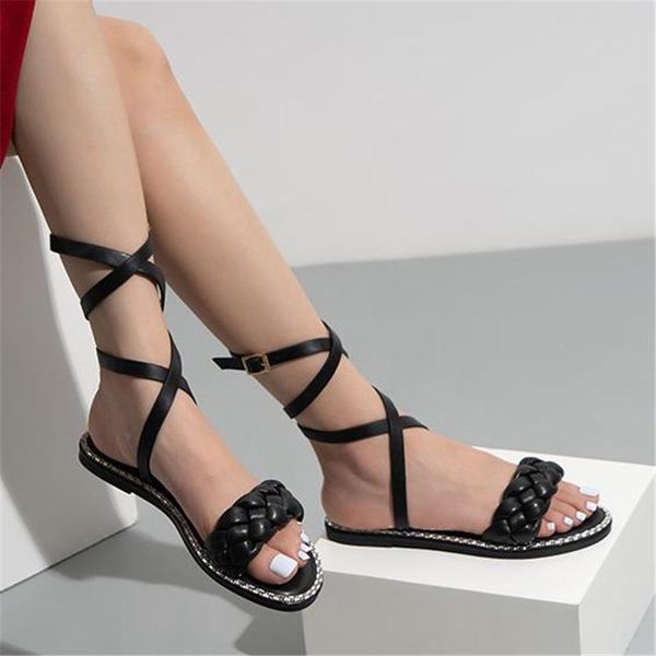 

sandals summer roman ankle buckle strap flat sandles multiple cross-strap pinch narrow band ladies round head shoes slippers, Black