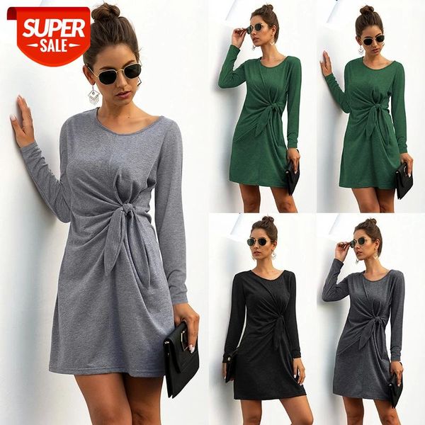 

solid color bow long sleeve commuting dress women's autumn 2020 new fashion simple casual round neck waist mini pullover dress #k792, White;black