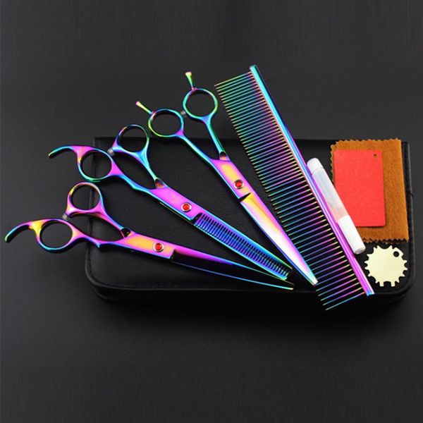 

hair scissors 4 kits rainbow 440c pet 7 inch shears clipper dog grooming cutting thinning barber hairdressing set