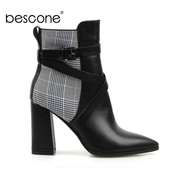 

boots bescone women's shoes fahion mature handmade ladies ankle pointed toe zipper super high heel gingham women bm566, Black